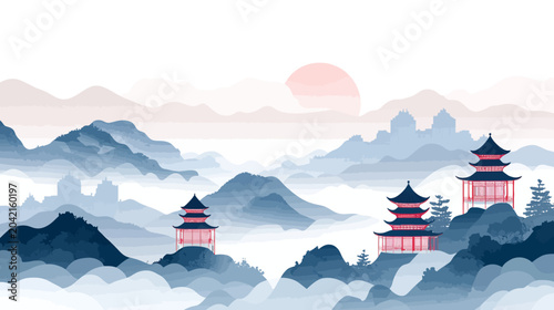 Watercolor-style layered mountains with three red pagodas atop blue-gray peaks, a distant cityscape of castles, soft pink sunset blending with misty clouds in the sky and water, serene and ethereal