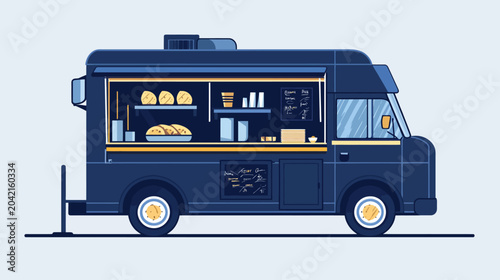 A blue food truck with an open kitchen reveals pastries, coffee cups, and a chalkboard menu. Wheels, window, street pole, and shadow emphasize its urban setting
