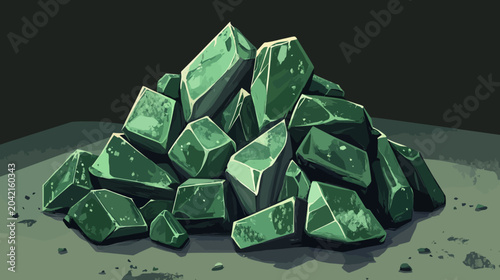 Cluster of jagged dark green crystals, varying in size and shape,