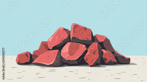 Stylized red rocks resembling watermelon slices stacked on textured beige sand under clear blue sky