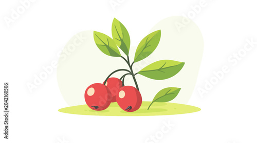 Three red cherries cluster on a green twig, surrounded by leaves on a soft, minimalist background