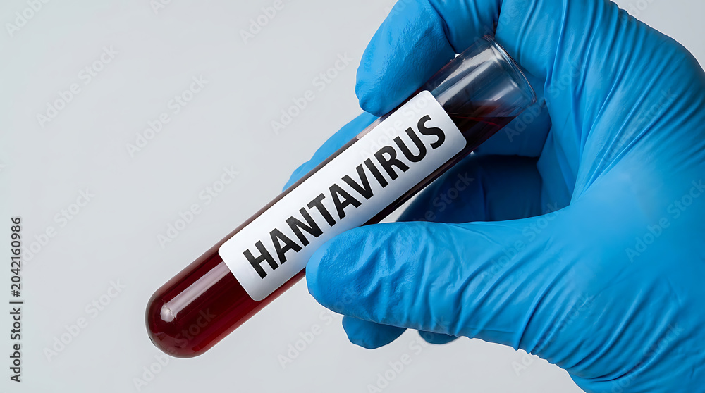 Obraz premium Scientist holding a blood sample test tube labeled with hantavirus in a laboratory setting