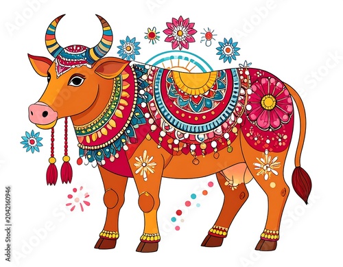 Colorful decorated horse with festive floral saddle blanket.