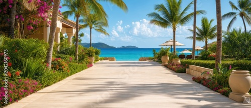 Tropical paradise retreat beachfront resort landscape photography warm climate serene view relaxation concept