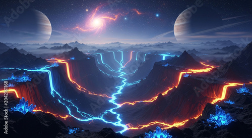 Vibrant, otherworldly landscape with glowing blue and orange lines, triple moons in the sky, and a distant sun, set against a dark, mountainous terrain.