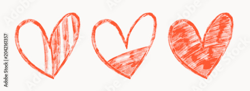 Hand drawn crayon pencil heart shapes. Set of textured layered vector hearts with various fill. Graphic elements for design.