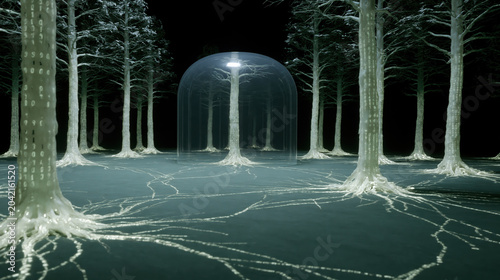 Abstract forest glass tree dark forest glowing root transparent dome surreal landscape digital art night scene