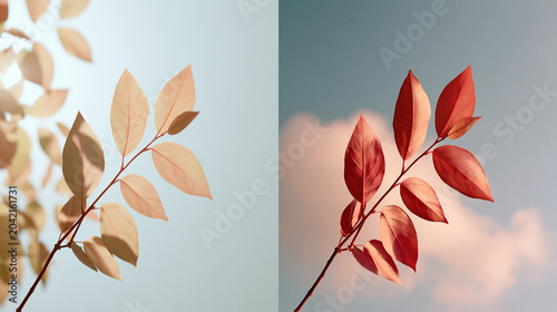 Autumn leaves branch sky light red beige pastel balance poster concept season equinox nature foliage plant leaf twig silhouette calm warm soft