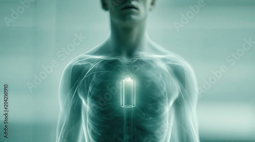 Battery human silhouette transparent torso chest energy burnout depleted exhausted fatigue low power health medical anatomy body male green