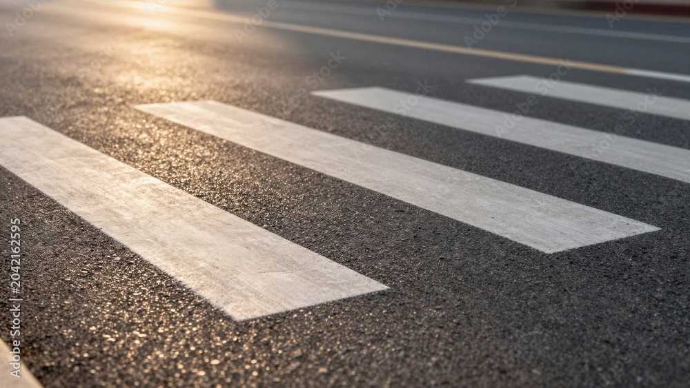 Obraz premium Detailed view of white crosswalk stripes on asphalt with soft focus and warm sunlight.