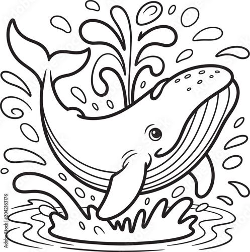 Cuadro en lienzo Whale spouting water and jumping out of ocean waves, playful marine animal illus