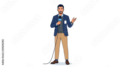 Confident male reporter holding microphone engaging audience in news broadcast