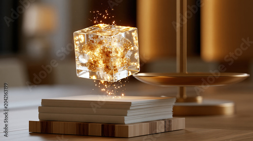 Glowing cube above balance scale over stack of paper and wood block, symbolizing risk and fairness