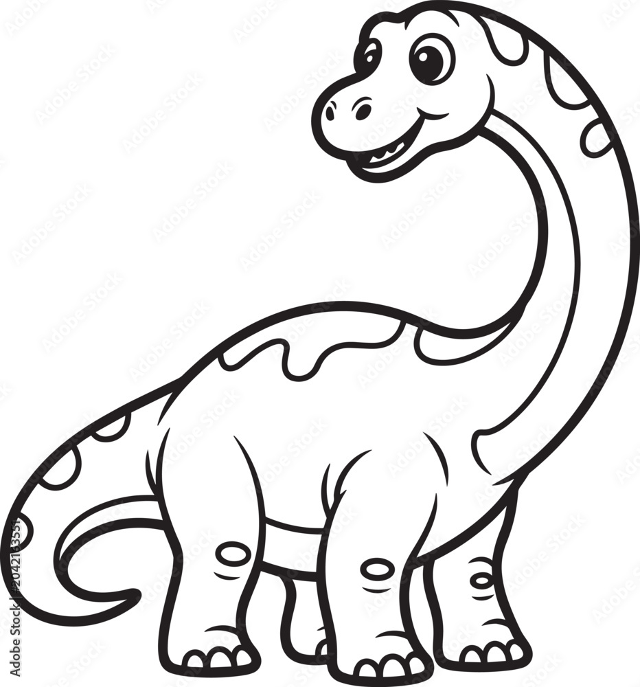 Fototapeta premium Cute cartoon dinosaur illustration smiling happily, long neck and kid friendly, clip art, and big eyes and creepy crawly in outline style