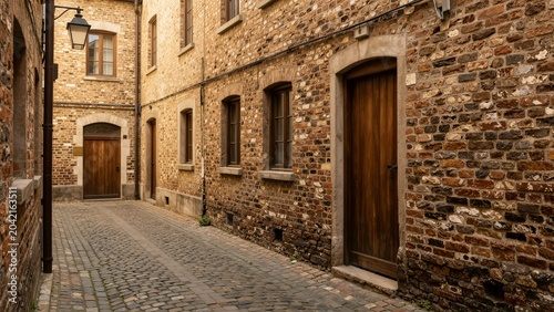 A charming European alley with weathered brick walls, wooden doors, and a cobbled path bathed in golden sunlight.