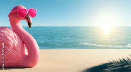 Pink flamingo with sunglasses sitting on beach sand near ocean during sunset in warm weather