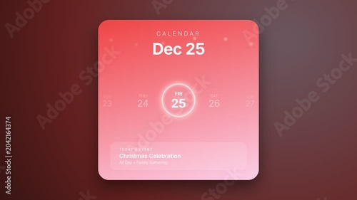 Digital calendar card with Dec 25 date, Christmas celebration event, pink gradient screen, holiday reminder, app interface