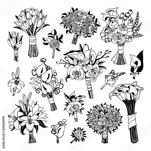 Decorative Floral Bouquets Black and White Vector Collection