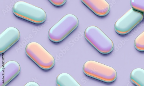 Colorful pills scattered on a purple surface during daylight hours showing reflections and textures clearly