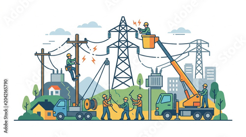 Electricians Working on Power Transmission Lines.
