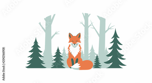 Photos Cute Fox Sitting in Snowy Forest, Winter Woodland Scene Illustration