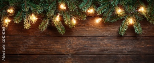 Festive greenery and lights arranged on wooden surface for holiday decoration in winter season