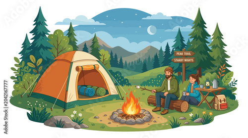 Foto Cozy campfire retreat in scenic woodland with tent and starry night sky