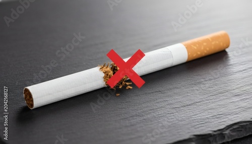 Broken cigarette with red x on slate background for World No Tobacco Day concept, representing quitting smoking, healthy lifestyle choices and anti-tobacco campaign