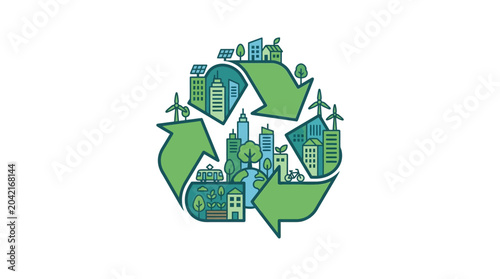 Obraz na plátně Recycling Symbol With City Buildings.
