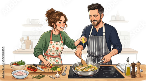 Photography Couple cooking together: wholesome kitchen experience with fresh ingredients