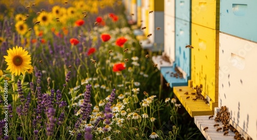 Honey bee flying to wooden beehive in flower meadow. Apiary with blooming lavender, poppy and daisy. Natural sustainable agriculture, environment protection and organic honey production concept.