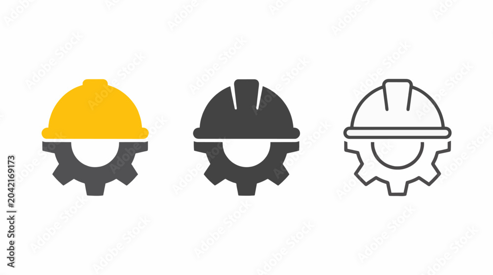 Fototapeta premium Set of Three Minimalist Flat Vector Icons Construction Industry Gear and Hard Hat For Commercial Use