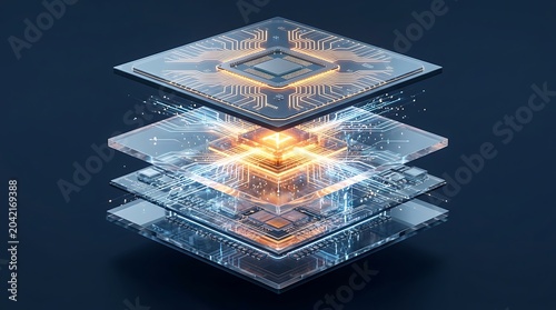 Obraz na płótnie Layered futuristic 3D computer chip with glowing artificial intelligence text inside illustrating next generation machine learning processors