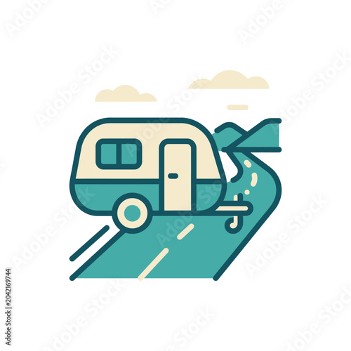 Vintage camper trailer on road trip.