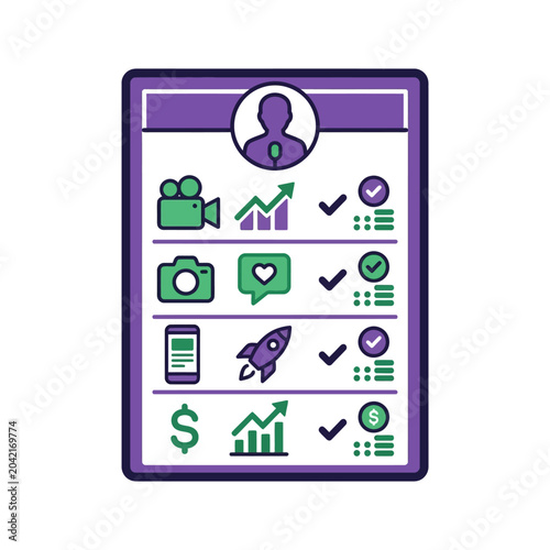 Purple icons on white checklist.