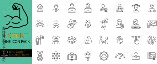 Expert skill set icon pack vector illustration showing business professional development and career achievement concepts featuring thin line office and management graphics design.