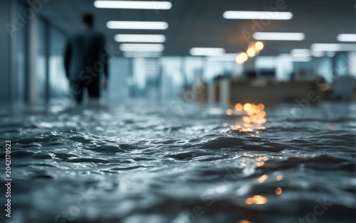 Businessman Walking Through Waterlogged Office with Flooded Floor