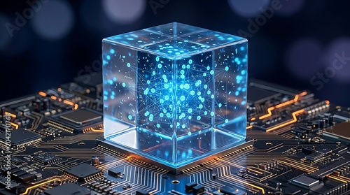 Glowing blue transparent 3D cube enclosing a complex neural network node structure mounted on a futuristic computer motherboard