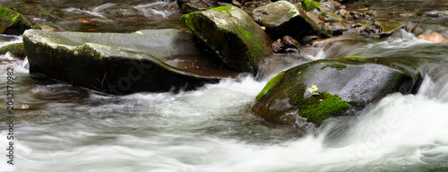 Panorama of the River Running Through The Boulders of the Oconalutee River Great Smoky Mountains National Park, North Carolina