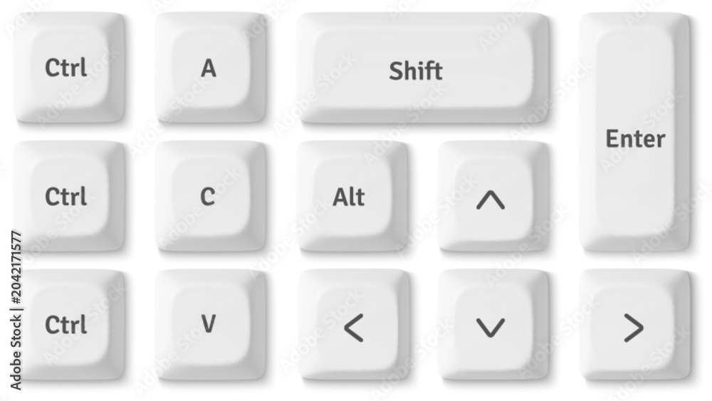 Naklejka premium Modern 3D keyboard buttons isolated on background. Vector realistic illustration of white keycaps top view, personal computer control set, pc hardware, desktop design elements
