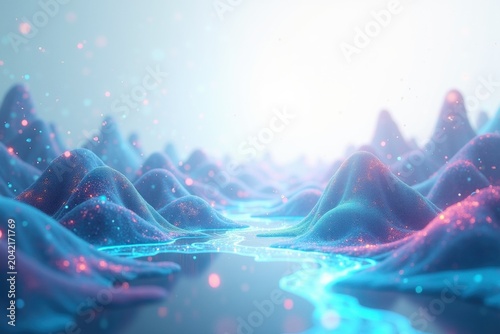 Vibrant Abstract Terrain with Glowing River Flowing Through Textured Peaks