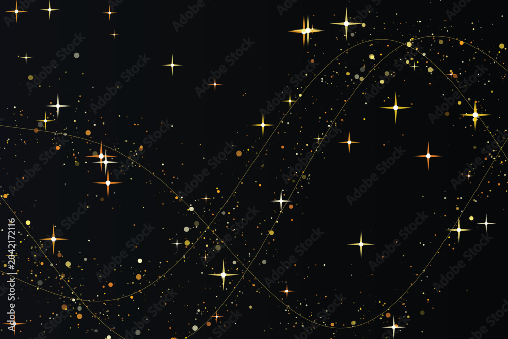 Fototapeta premium Glowing golden stars constellation on deep space black background, with curved lines