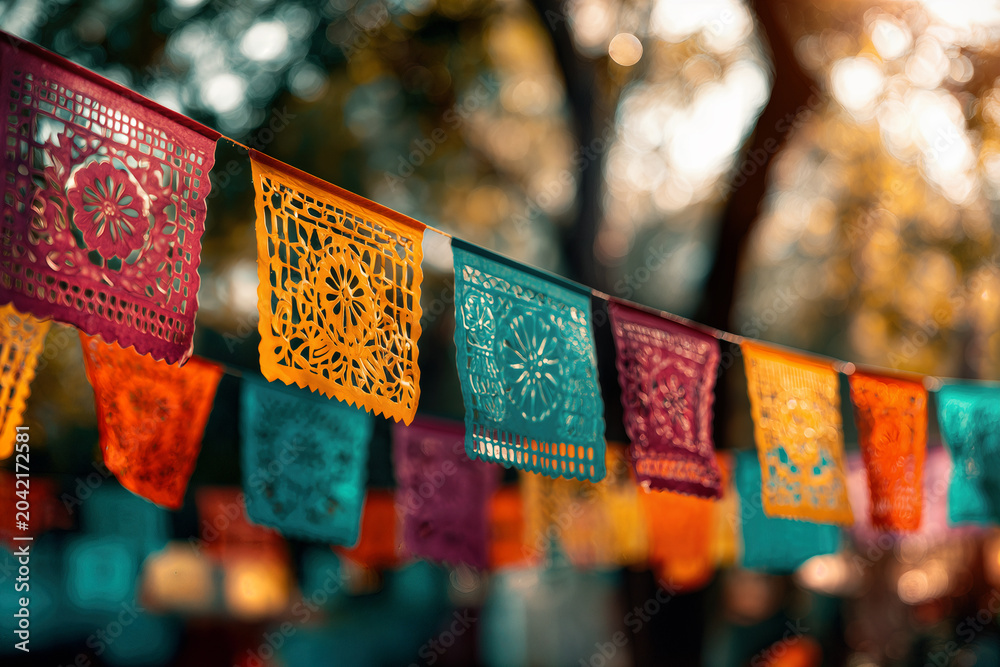 Obraz premium Mexican Fiesta Vibrant Papel Picado Banners in Sunlit Outdoor