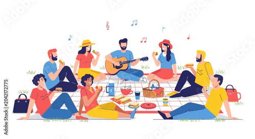 Fotografi Friends Enjoying Picnic Party with Music and Food in Summer