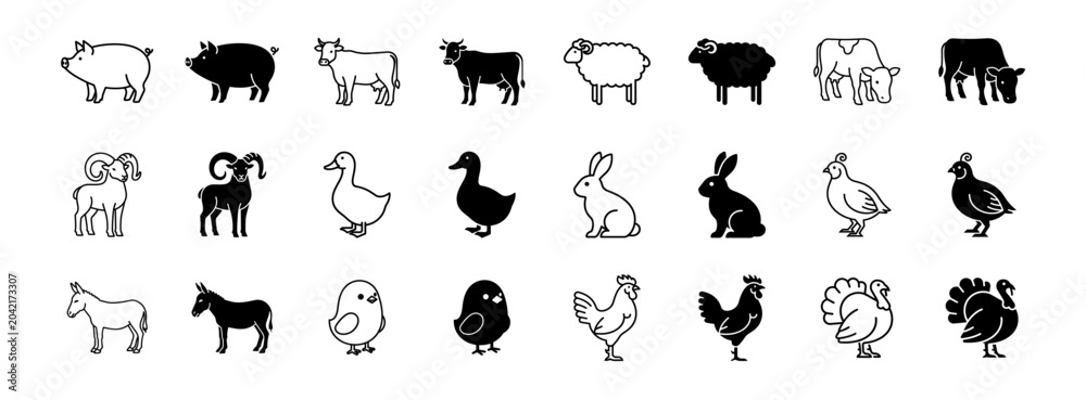 Obraz premium Farm animal icon set with livestock poultry outline and solid vector collection