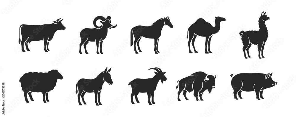 Fototapeta premium Farm animal icon set with cow ram horse camel llama sheep goat wolf and bison