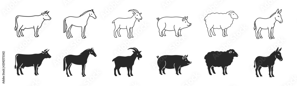 Fototapeta premium Livestock animal icon set with cow horse donkey pig sheep goat llama and bison