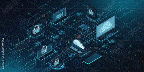 High-tech cloud infrastructure with encrypted network connections, smart devices, and centralized cybersecurity management system.