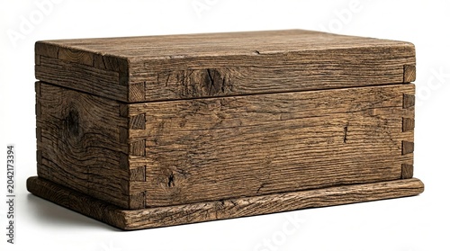 A rustic, antique wooden box with visible grain and aged finish.