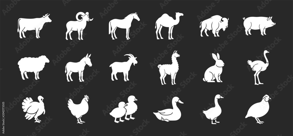 Fototapeta premium Farm animal icon set with livestock poultry and wildlife silhouette collection
